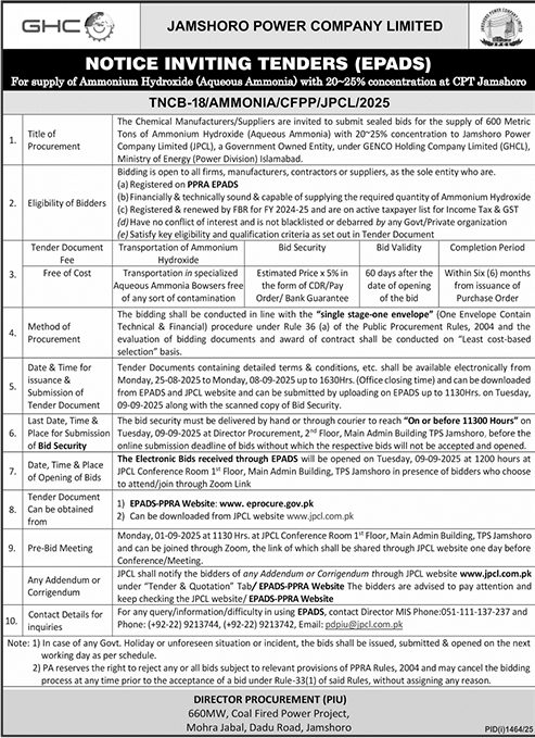 Jamshoro Power Company Limited Tender Notice